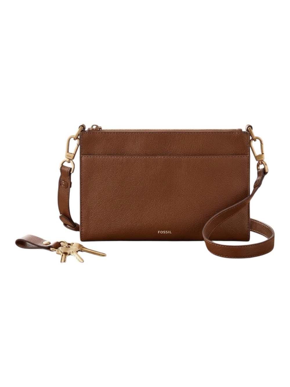 Fossil Brown Pebbled Crossbody Bag Gold Hardware Key Accent Adjustable Strap